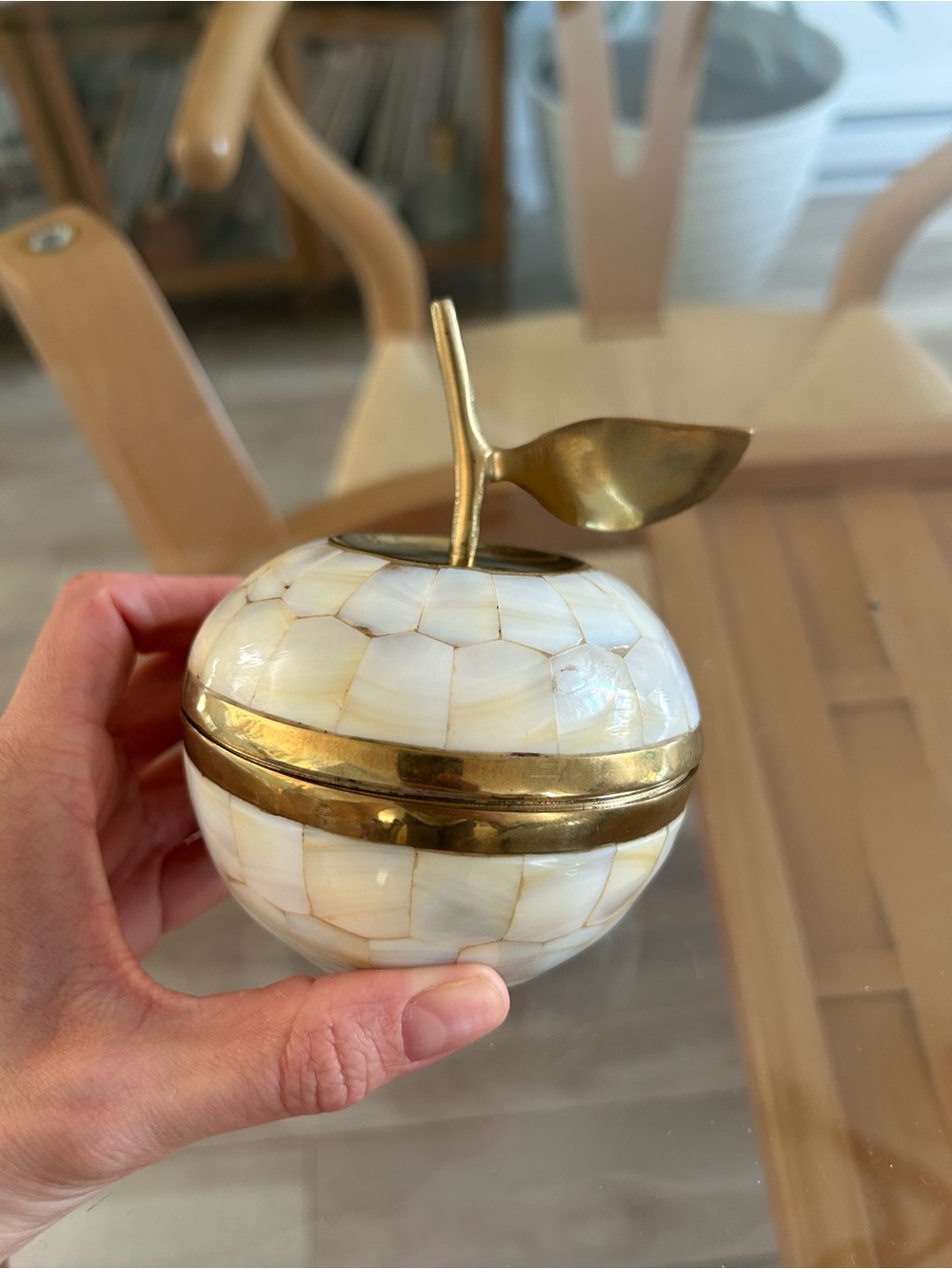 Decorative Mother of Pearl Apple Trinket Box with Brass Accents - Picture 2 of 16